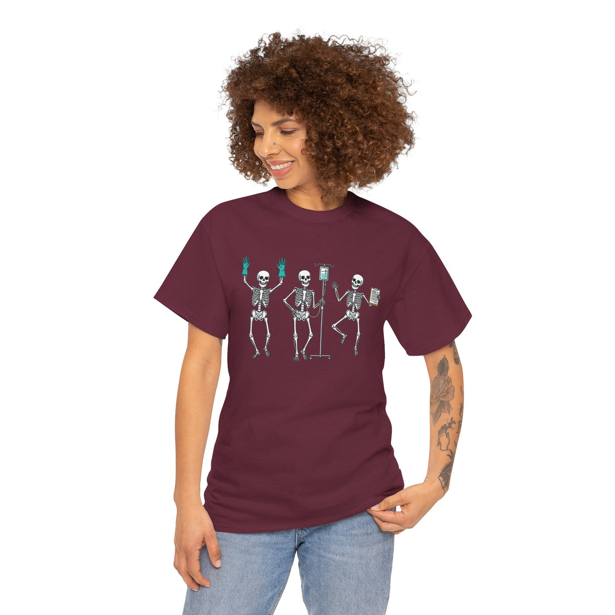 Woman wearing the Dancing skeleton nurse t-shirt, front view