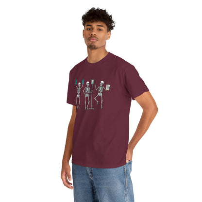 Man wearing the Dancing skeleton nurse t-shirt, front view