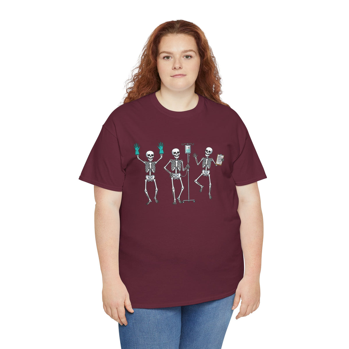 Woman wearing the Dancing skeleton nurse t-shirt, plus size