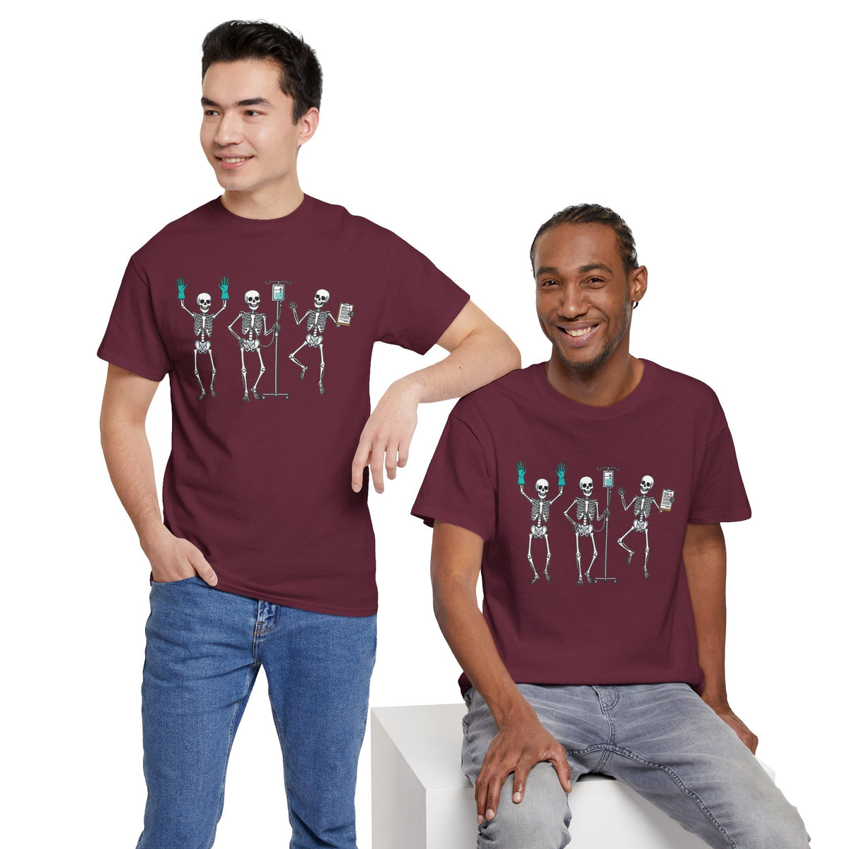 Two men wearing the Dancing skeleton nurse t-shirt