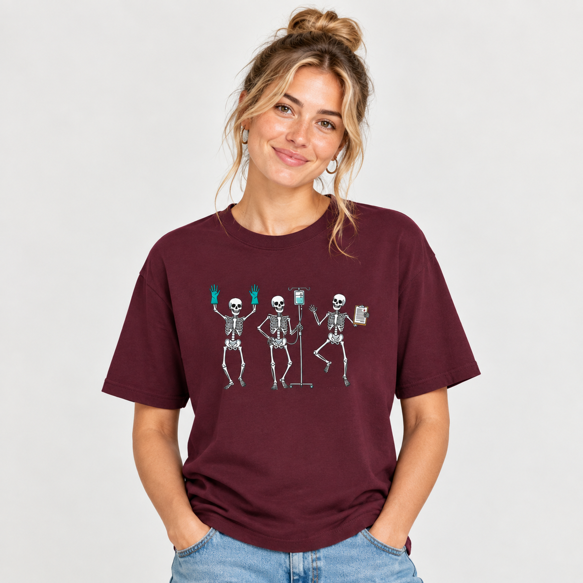 Woman wearing the Dancing skeleton nurse t-shirt, hands in pocket
