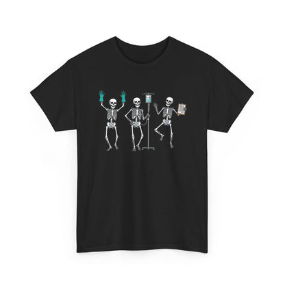 Black Dancing skeleton nurse t-shirt with three dancing skeletons in teal gloves, front view