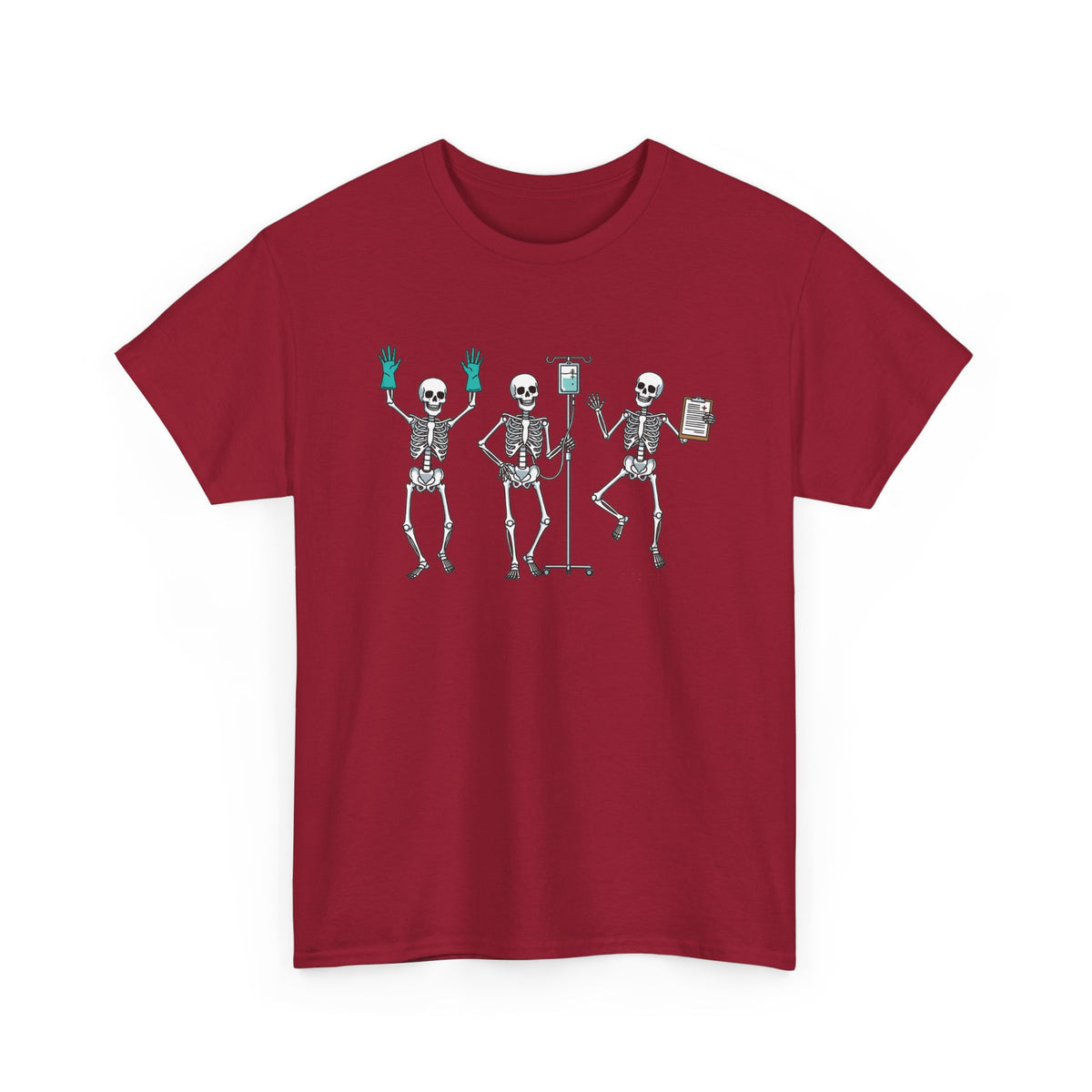 Cardinal Red Dancing skeleton nurse t-shirt with three dancing skeletons in teal gloves, front view