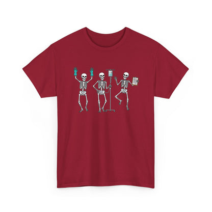 Cardinal Red Dancing skeleton nurse t-shirt with three dancing skeletons in teal gloves, front view