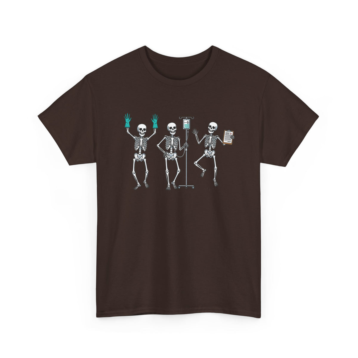 Dark Chocolate Dancing skeleton nurse t-shirt with three dancing skeletons in teal gloves, front view