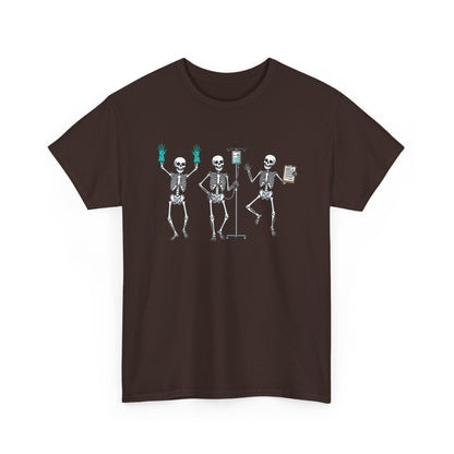 Dark Chocolate Dancing skeleton nurse t-shirt with three dancing skeletons in teal gloves, front view