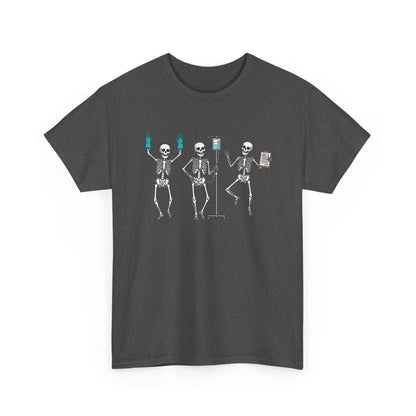 Dark Heather Dancing skeleton nurse t-shirt with three dancing skeletons in teal gloves, front view