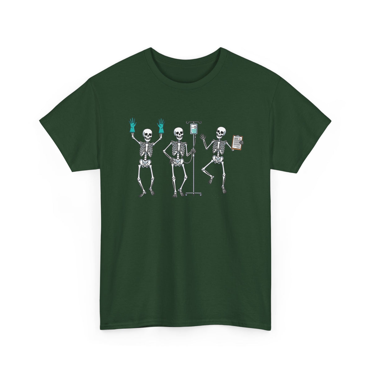 Forest Green Dancing skeleton nurse t-shirt with three dancing skeletons in teal gloves, front view