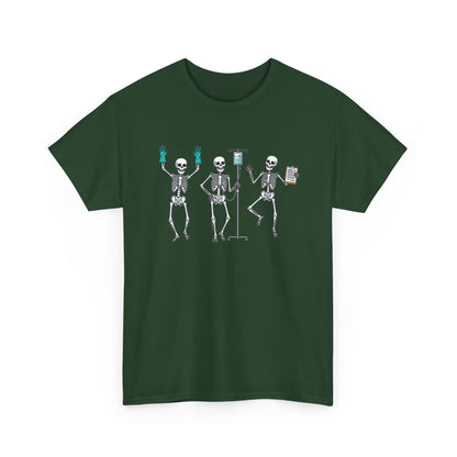 Forest Green Dancing skeleton nurse t-shirt with three dancing skeletons in teal gloves, front view