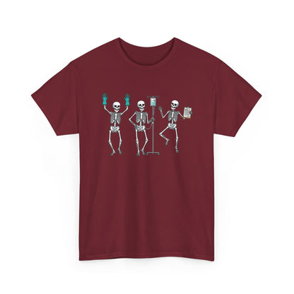Garnet Dancing skeleton nurse t-shirt with three dancing skeletons in teal gloves, front view