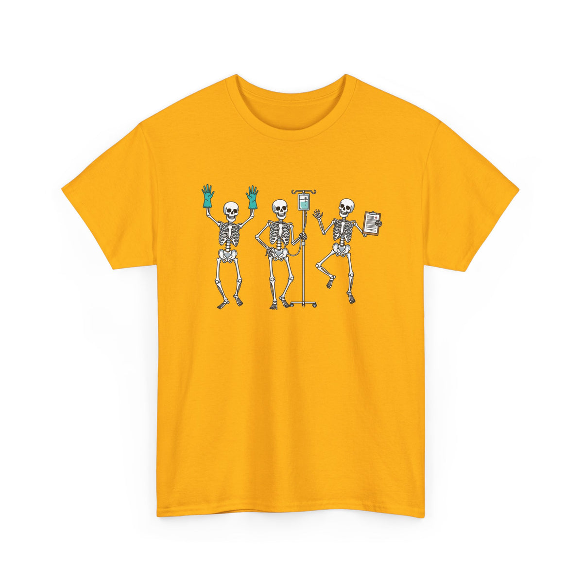 Gold Dancing skeleton nurse t-shirt with three dancing skeletons in teal gloves, front view