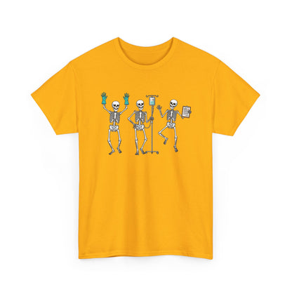 Gold Dancing skeleton nurse t-shirt with three dancing skeletons in teal gloves, front view