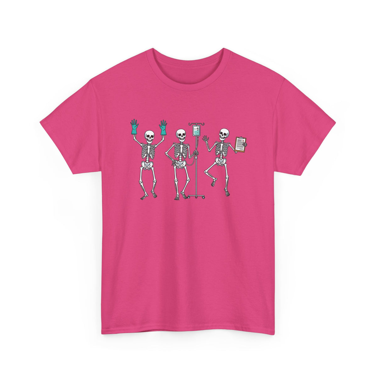 Heliconia Dancing skeleton nurse t-shirt with three dancing skeletons in teal gloves, front view