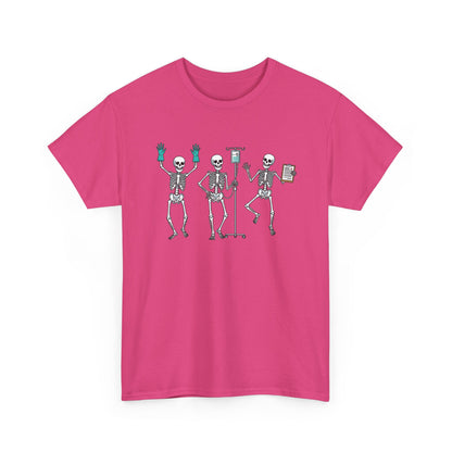 Heliconia Dancing skeleton nurse t-shirt with three dancing skeletons in teal gloves, front view