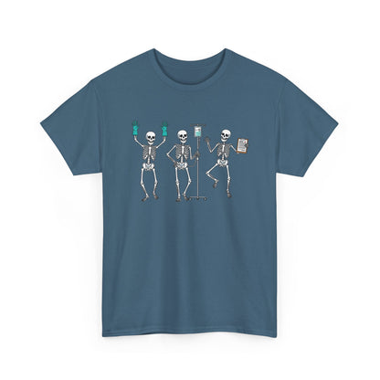 Indigo Blue Dancing skeleton nurse t-shirt with three dancing skeletons in teal gloves, front view