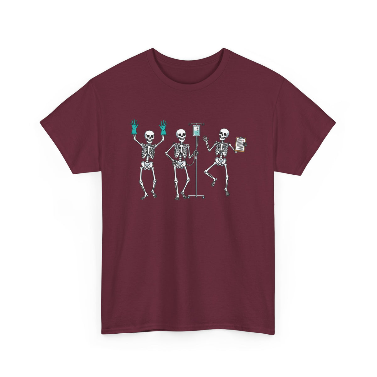 Maroon Dancing skeleton nurse t-shirt with three dancing skeletons in teal gloves, front view