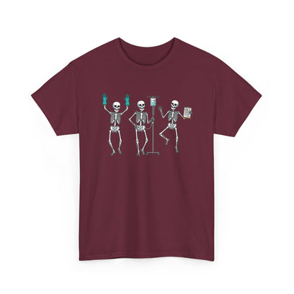Maroon Dancing skeleton nurse t-shirt with three dancing skeletons in teal gloves, front view