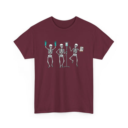 Maroon Dancing skeleton nurse t-shirt with three dancing skeletons in teal gloves, front view