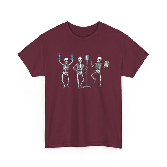 Maroon Dancing skeleton nurse t-shirt with three dancing skeletons in teal gloves, front view