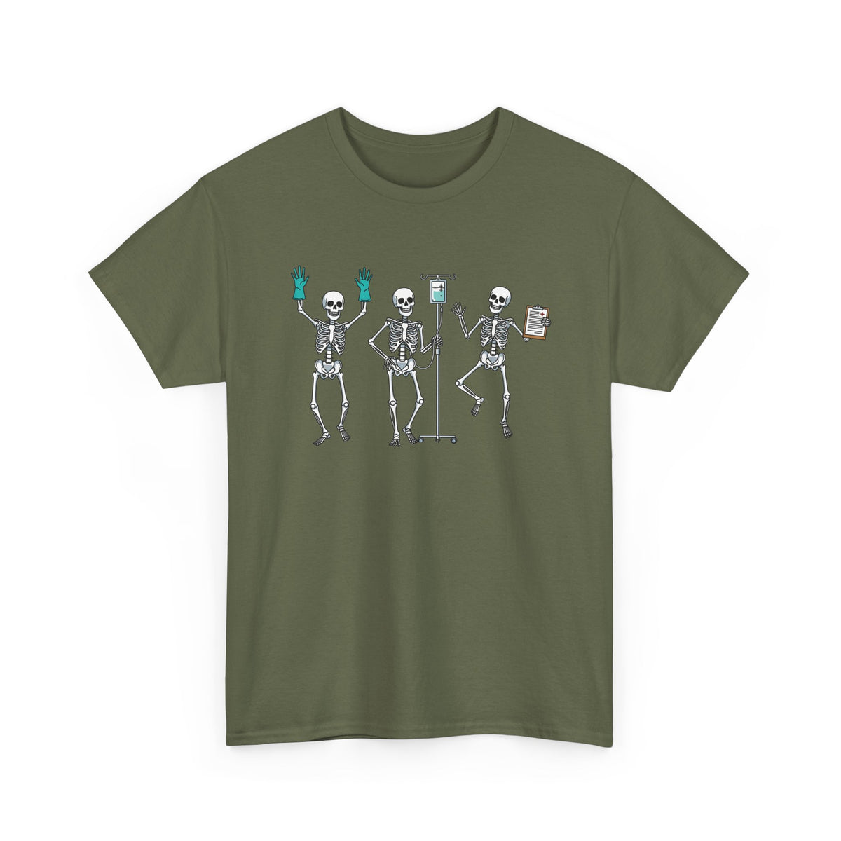 Military Green Dancing skeleton nurse t-shirt with three dancing skeletons in teal gloves, front view