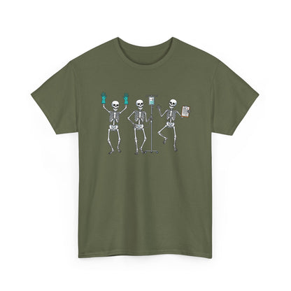Military Green Dancing skeleton nurse t-shirt with three dancing skeletons in teal gloves, front view