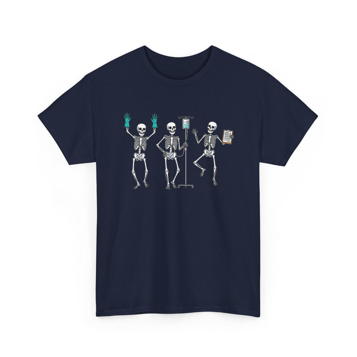 Navy Dancing skeleton nurse t-shirt with three dancing skeletons in teal gloves, front view
