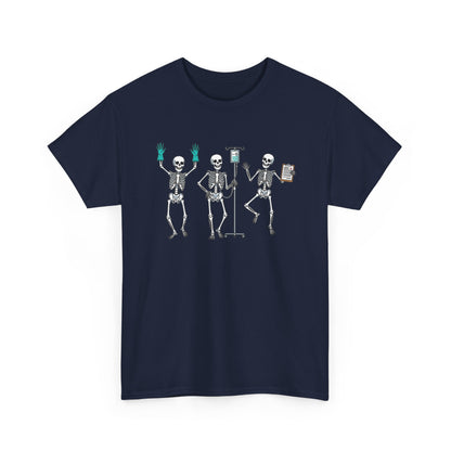Navy Dancing skeleton nurse t-shirt with three dancing skeletons in teal gloves, front view