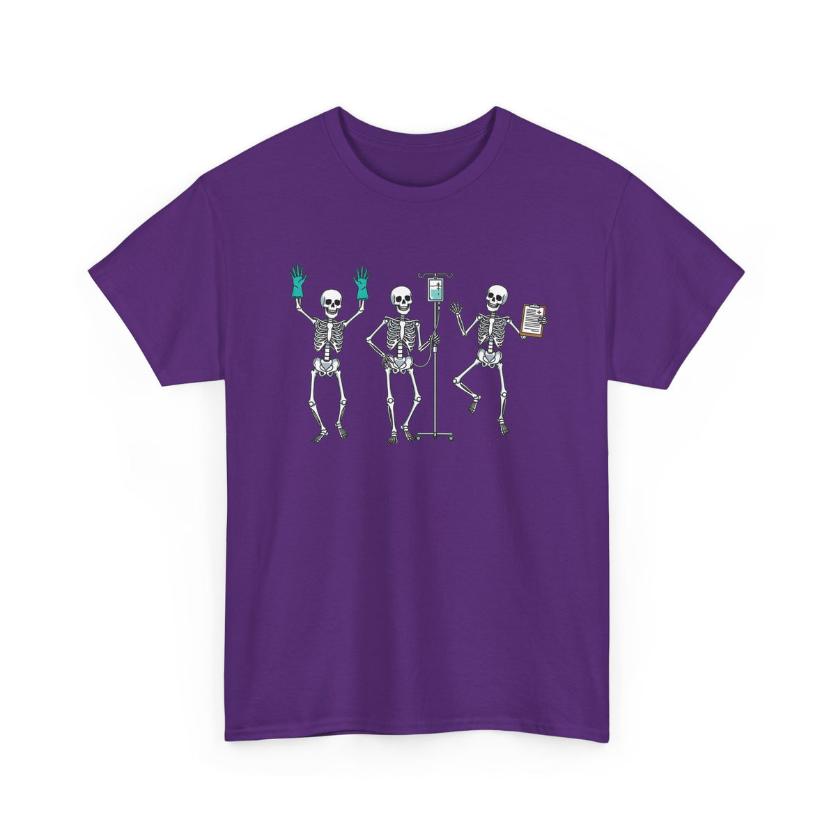 Purple Dancing skeleton nurse t-shirt with three dancing skeletons in teal gloves, front view