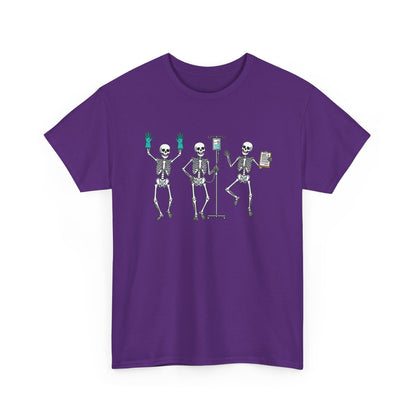 Purple Dancing skeleton nurse t-shirt with three dancing skeletons in teal gloves, front view