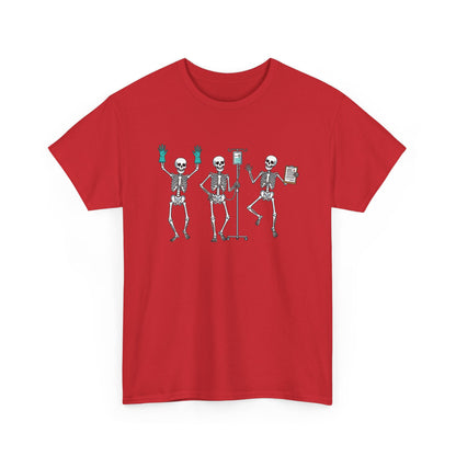 Red Dancing skeleton nurse t-shirt with three dancing skeletons in teal gloves, front view