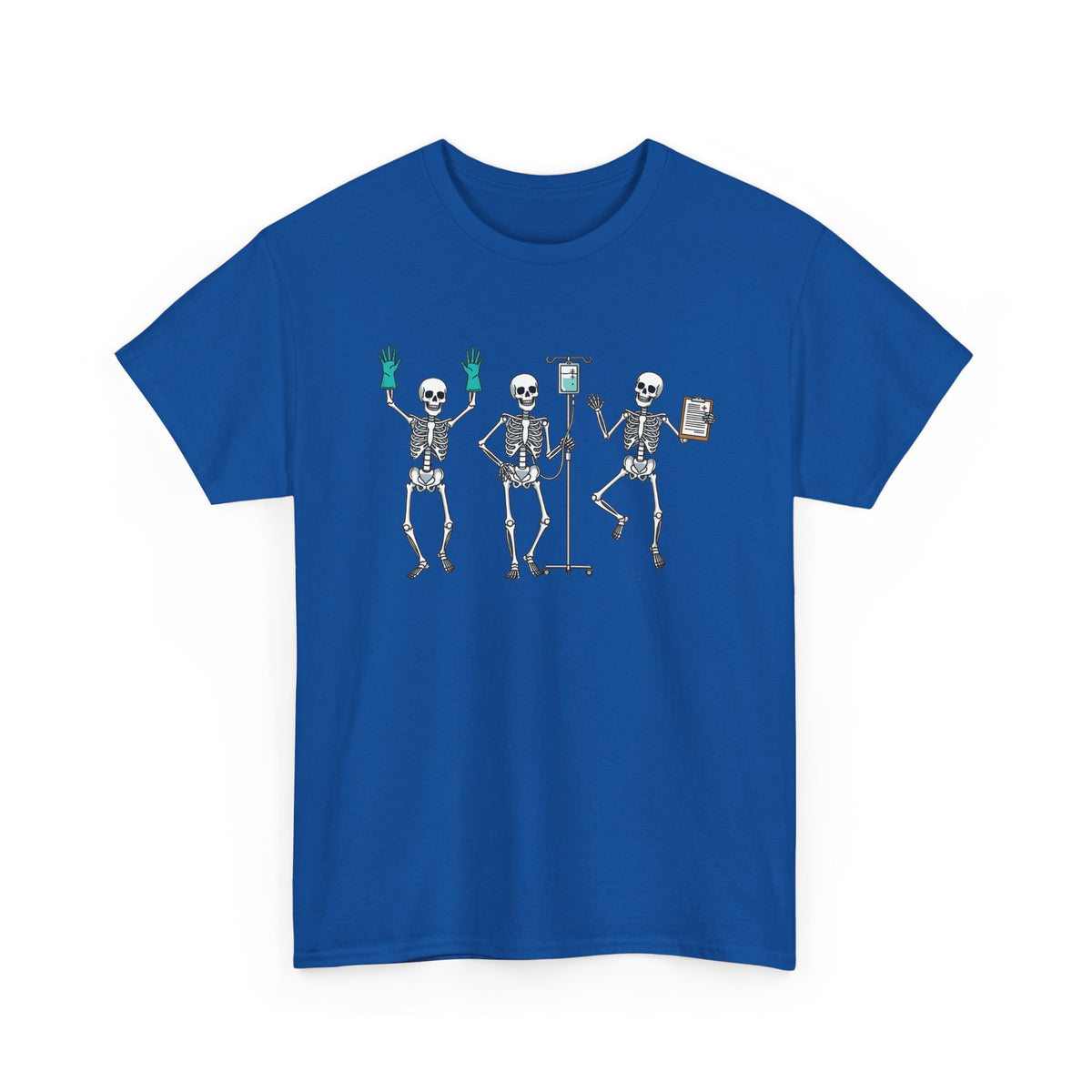 Royal Dancing skeleton nurse t-shirt with three dancing skeletons in teal gloves, front view