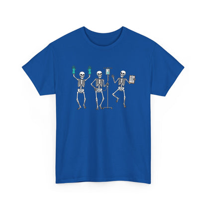 Royal Dancing skeleton nurse t-shirt with three dancing skeletons in teal gloves, front view