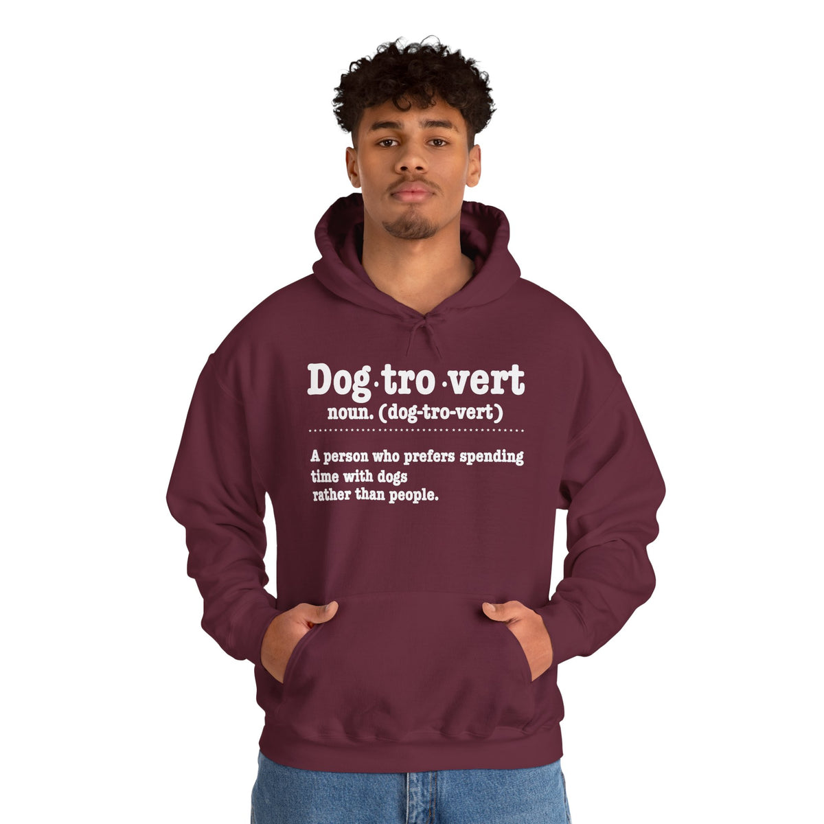 Man wearing the Dogtrovert definition hoodie, front view