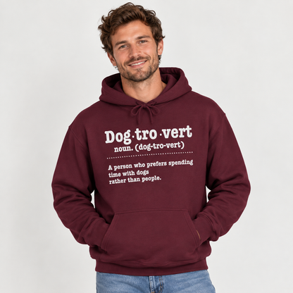 Man wearing the Dogtrovert definition hoodie, hands in pocket