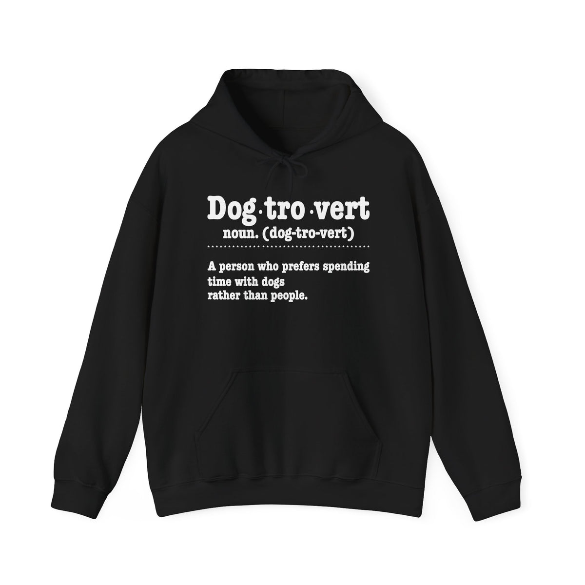 Black Dogtrovert definition hoodie with white dictionary print, front view