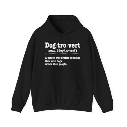 Black Dogtrovert definition hoodie with white dictionary print, front view