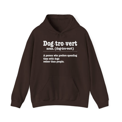 Dark Chocolate Dogtrovert definition hoodie with white dictionary print, front view