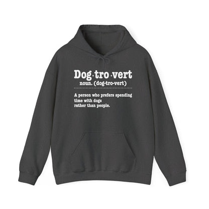 Dark Heather Dogtrovert definition hoodie with white dictionary print, front view