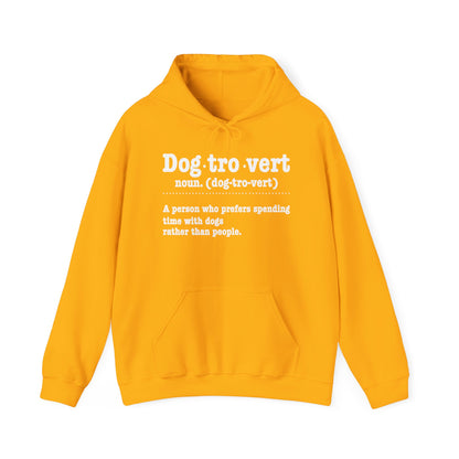 Gold Dogtrovert definition hoodie with white dictionary print, front view