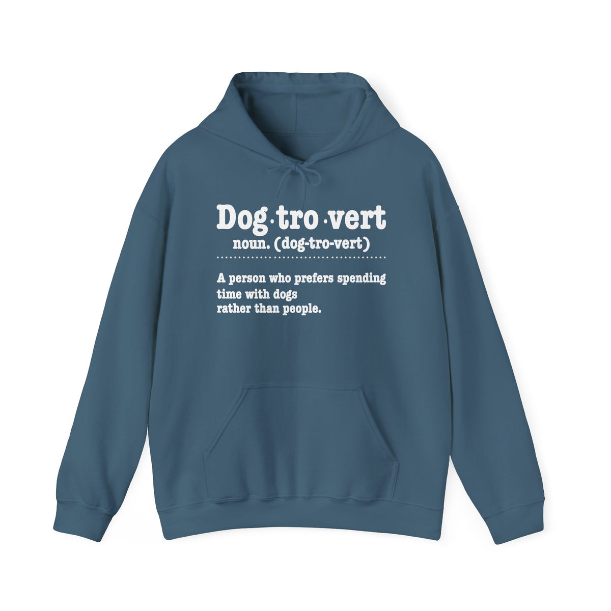 Indigo Blue Dogtrovert definition hoodie with white dictionary print, front view