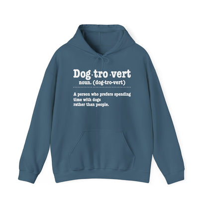 Indigo Blue Dogtrovert definition hoodie with white dictionary print, front view