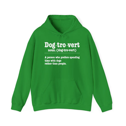 Irish Green Dogtrovert definition hoodie with white dictionary print, front view