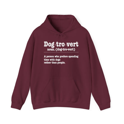 Maroon Dogtrovert definition hoodie with white dictionary print, front view
