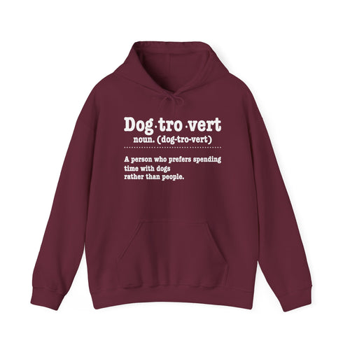 Maroon Dogtrovert definition hoodie with white dictionary print, front view