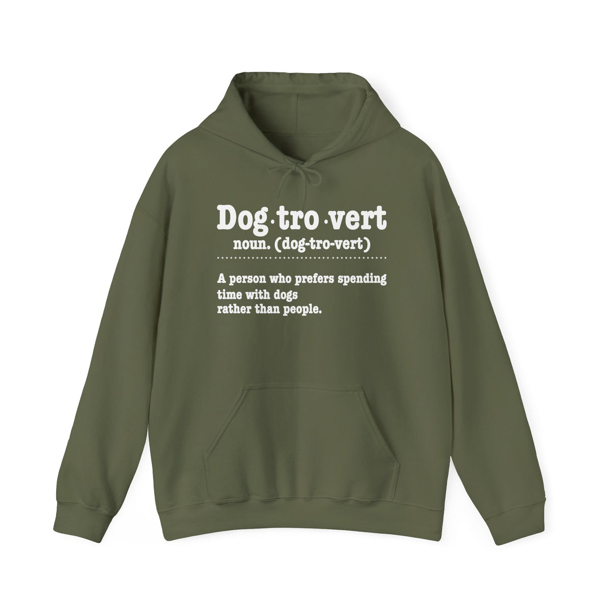 Military Green Dogtrovert definition hoodie with white dictionary print, front view