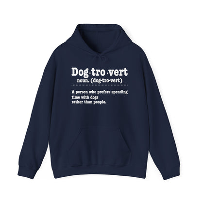 Navy Dogtrovert definition hoodie with white dictionary print, front view
