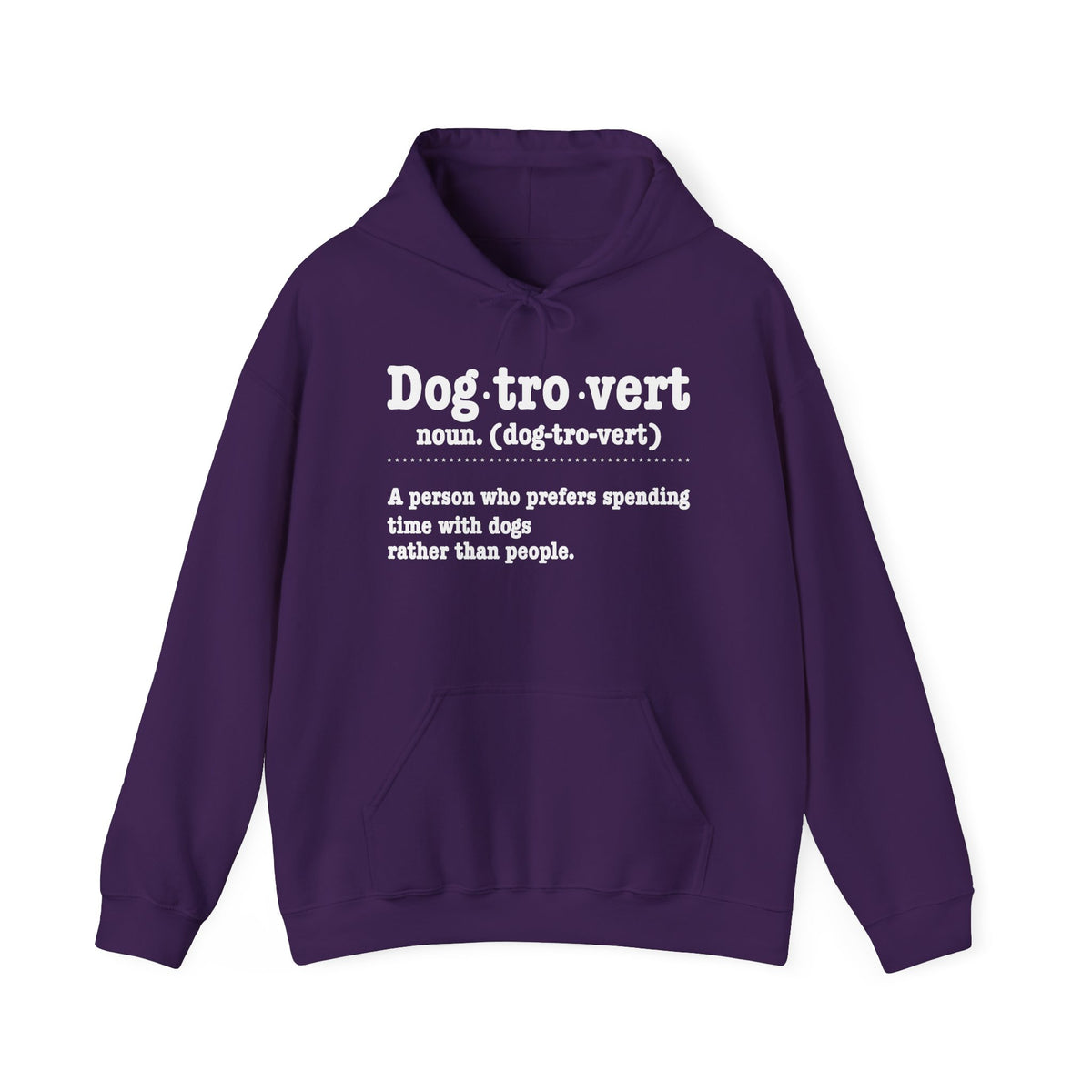 Purple Dogtrovert definition hoodie with white dictionary print, front view