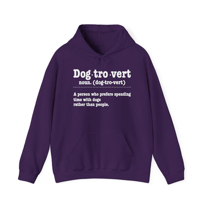 Purple Dogtrovert definition hoodie with white dictionary print, front view