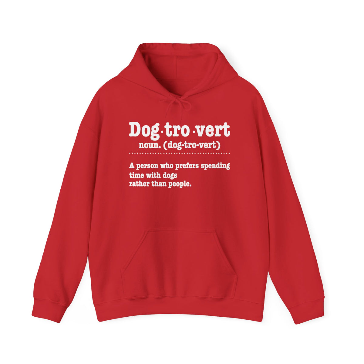 Red Dogtrovert definition hoodie with white dictionary print, front view