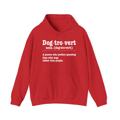 Red Dogtrovert definition hoodie with white dictionary print, front view